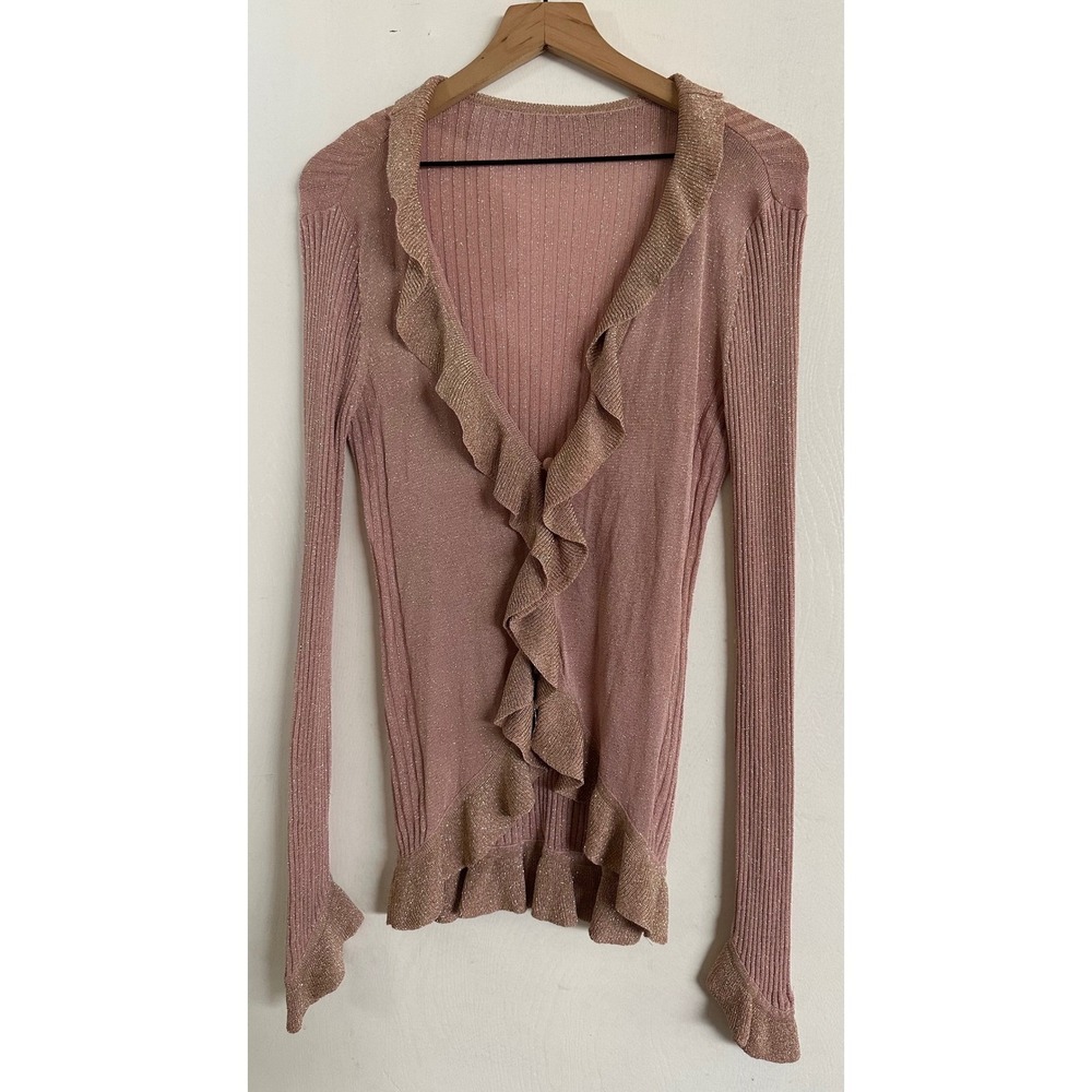 Y2K Pink‎ Metallic Ruffle Cardigan Sweater Knit Shimmer Size S Cottage READ